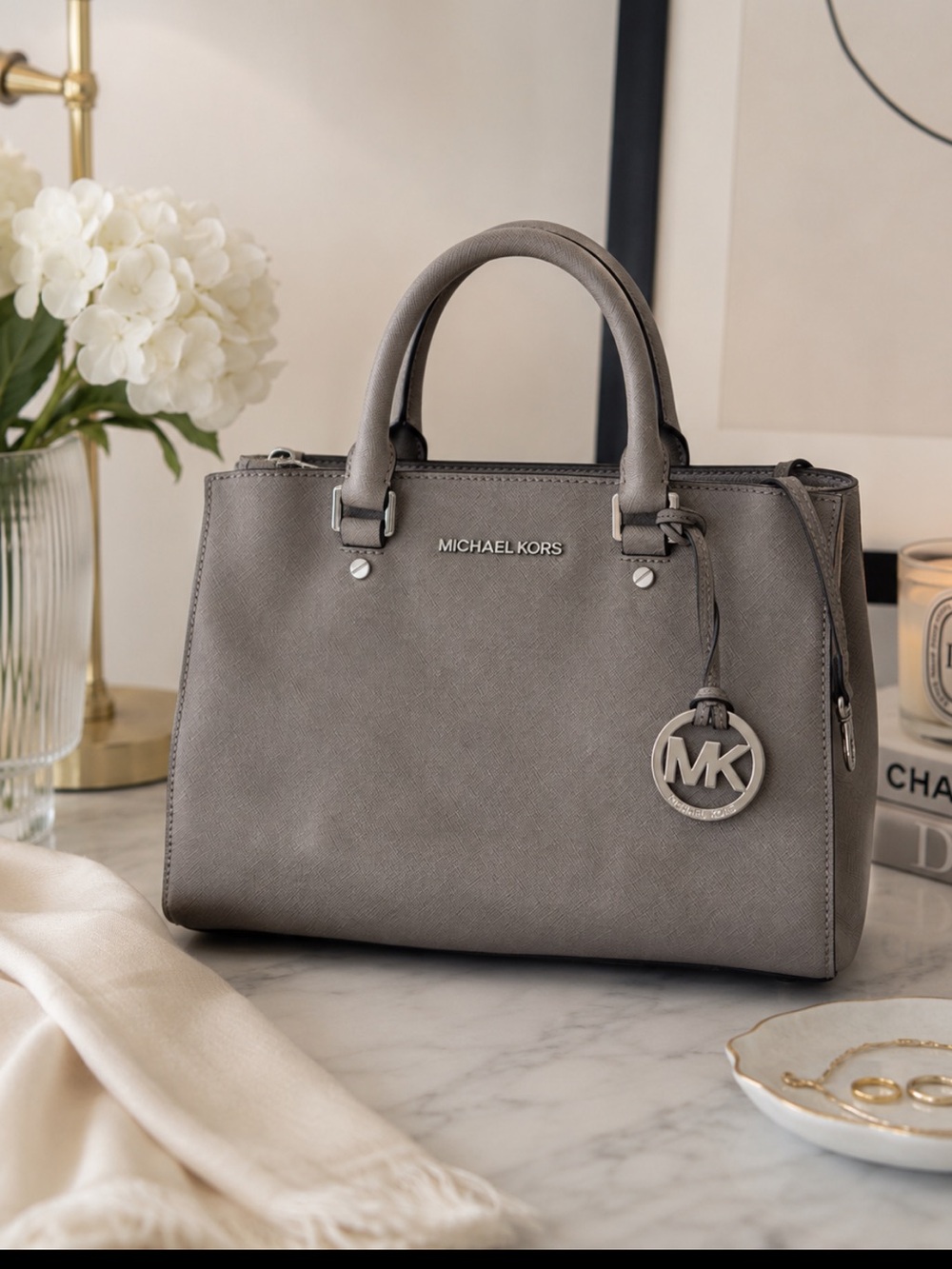 Michael Kors Gray/Taupe Saffiano Leather Large Satchel Handbag – Silver Hardware